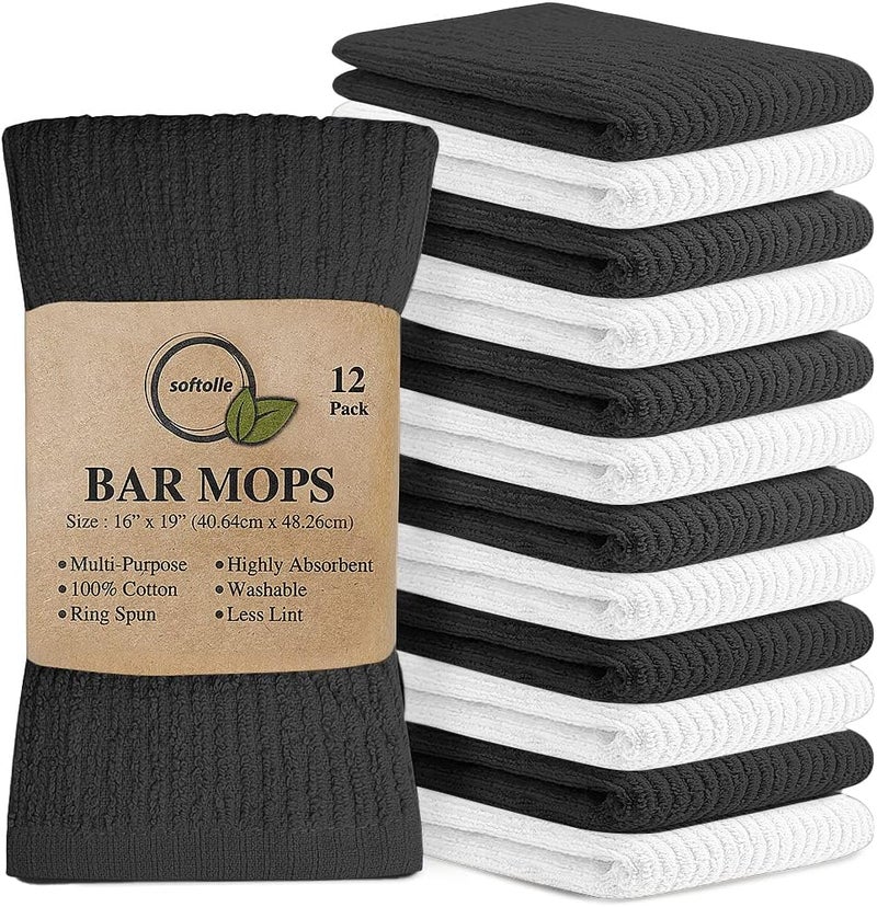 Softolle Bar Mop Towels, Pack of 12-16x19 Inches - 100% Cotton Super Absorbent Towels, Multi-Purpose for Home and Bar Cleaning (White-Grey) - Image 1